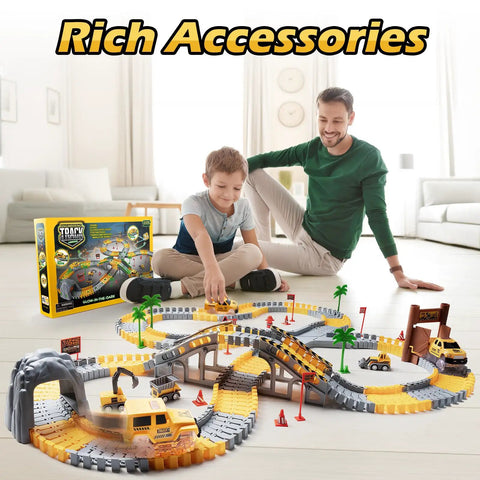 Father and son playing with Glow In The Dark Construction Race Track Set For Kids Ages 3 To 9, 264 Piece Buildable DIY Track
