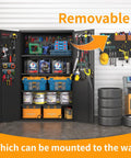 Tall And Wide Metal Storage Cabinet With Doors And Four Adjustable Shelves Beefy Heavy Duty Lockable Garage Cabinet On Wheels With Pegboard System For Office Gym Basement And Warehouse Black, open with tools