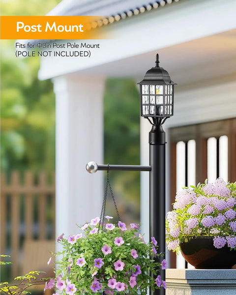 Outdoor Dusk To Dawn Post Light With A 3 Inch Pier Mount Base 19 Inch Tall Exterior Lantern Featuring Tempered Glass Anti Rust Die Cast Aluminum Construction Matte Black Hardwired 120V Lamp Post For Homes And Driveways with flowers