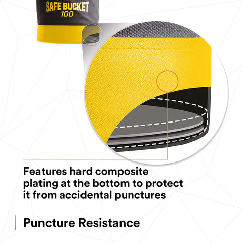 Close-up of Canvas Spill Control Safe Bucket For Tools With Six D Ring Connection Points Drawstring Closure showing puncture-resistant base.