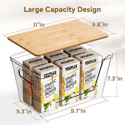 Stackable Pantry Organizers With Bamboo Lids And Clear Bins For Fruits And Vegetables Extra Large Capacity Home Storage with bamboo lid and boxes.