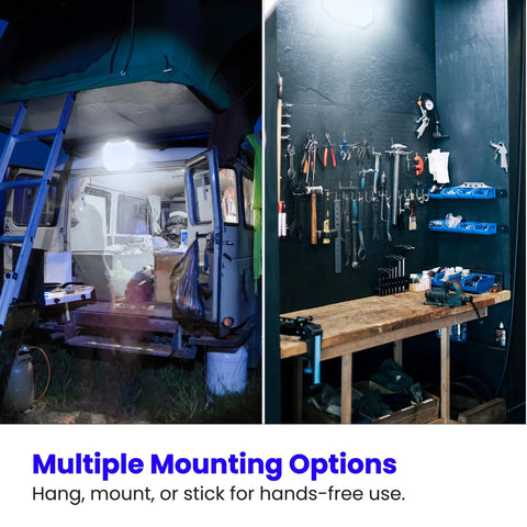 Ultra Bright 2000 Lumen Portable LED Work Light illuminating workshop with tools and equipment for versatile mounting options