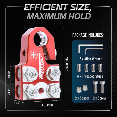Beefed-Up 8-Way Battery Terminal Connector Kit With Positive And Negative Set For SAE DIN EN Tapered Top Post Compatible With 8AWG To 40 AWG Includes OEM Top Post Adapter And Top Mounted Distribution Block For Easy Vehicle Electrical Upgrades, red aluminum terminal with studs and Allen wrenches