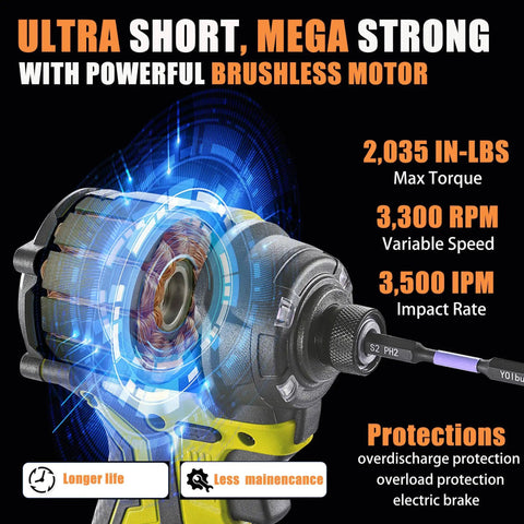 Cordless Impact Driver 1/4 Inch Chuck, Ultra Compact 4-1/4 Inch Head, Lightweight 2.0 Lbs, Beefy Brushless Motor, 2035 In-Lbs Torque