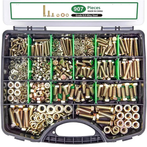 Beefy 907 Piece Metric Bolt Kit With M4 M5 M6 M8 Alloy Steel Hex Bolts Nuts And Washers, All In One Hardware Set For DIY Projects, Repairs, Automotive And Machinery. Open case with assorted bolts, nuts, and washers.