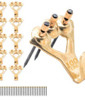Close-up of 100 Lb Picture Hanging Hooks Set with nails, heavy-duty frame hangers ideal for drywall and plaster.