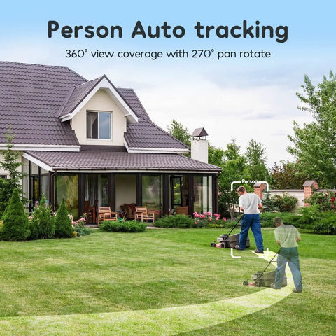 Outdoor Security Camera 2K HD With 360 Degree Coverage And 4 Spotlight LEDs monitoring yard with person auto tracking.