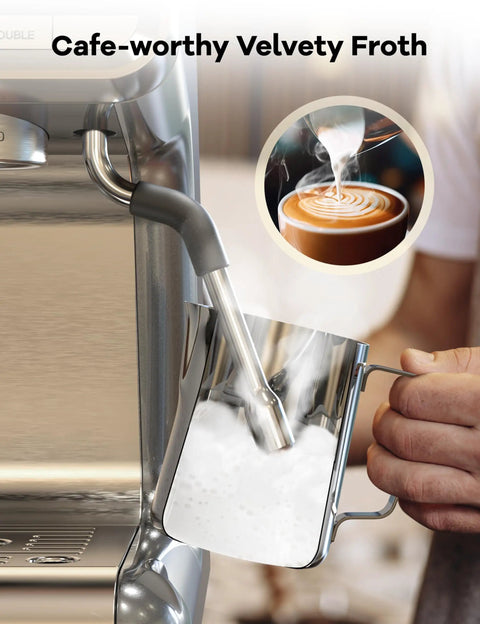 Pro Vibes Espresso Machine With Built In Burr Grinder And Milk Frother, 30 Setting Coffee Maker For Silky Lattes And Darn Good Cappuccinos steaming milk frothing pitcher