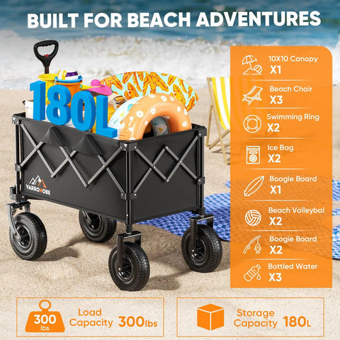 All-Terrain Beach Wagon Beast With 9x3 Rubber Wheels Foldable Heavy Duty Utility Cart 330Lb Capacity 180L Storage