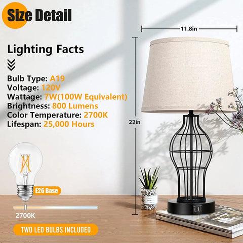 Set Of 2 Touch Control Table Lamps With USB Ports And 3 Way Dimmable Bedside Lights, Fabric Shade, metal base, size details