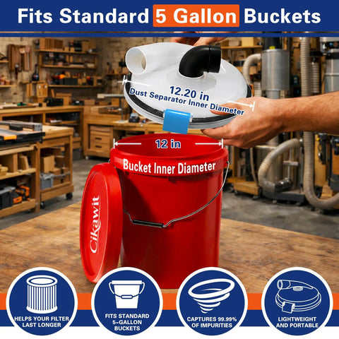 High Efficiency Cyclone Dust Separator For 5 Gallon Buckets With 90 Degree Elbows on red bucket showing diameter measurement
