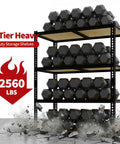 Beefy Four Tier Garage Storage Shelves With 2560 Lb Capacity 640 Lb Per Shelf 48 Inches Wide 24 Inches Deep 60 Inches High Heavy Duty Steel Frame And Thick MDF Shelves For Tools Bins And Bulk Storage, 4-tier steel shelving unit