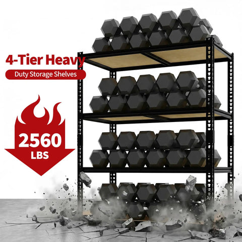 Beefy Four Tier Garage Storage Shelves With 2560 Lb Capacity 640 Lb Per Shelf 48 Inches Wide 24 Inches Deep 60 Inches High Heavy Duty Steel Frame And Thick MDF Shelves For Tools Bins And Bulk Storage, 4-tier steel shelving unit