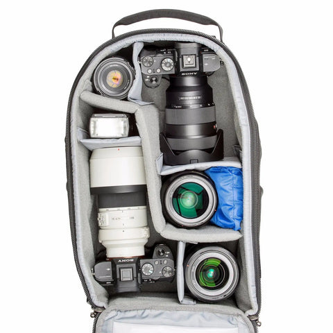 StreetWalker Pro V2 Camera Backpack TT476 for Everyday Photographers with open main compartment showing camera gear inside.