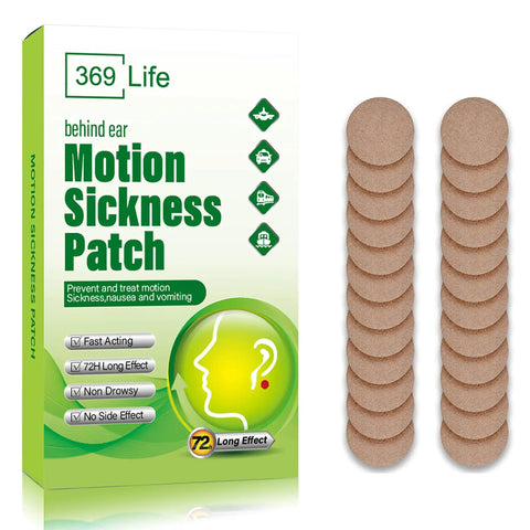 Product packaging and patches for Motion Sickness Patches For Car And Boat Rides And Planes On The Go Ships Cruises 24 Count Natural Long Lasting Relief Up To 72 Hours Travel Must Have For Adults And Kids.