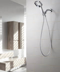 Handheld Shower Head With Hose And Adjustable Arm Mount In Chrome For Ultra Wide Coverage Full Bodied Waterfall Spray mounted on wall