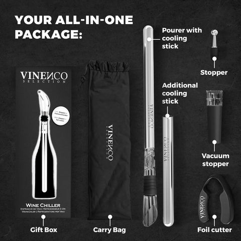 Wine Chiller Set With Chill Rods Foil Cutter Stopper Ebook And Drip Free Pourer Premium 7in1 package components displayed