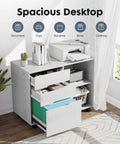 White lateral file cabinet with rolling drawers, printer stand, three drawer under desk storage, wood organizer with wheels, adjustable shelf.
