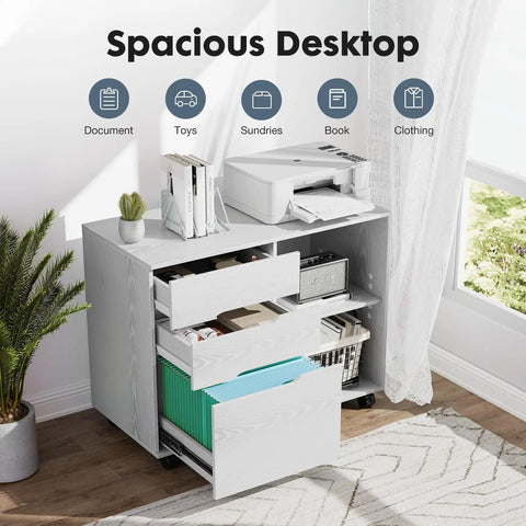 White lateral file cabinet with rolling drawers, printer stand, three drawer under desk storage, wood organizer with wheels, adjustable shelf.