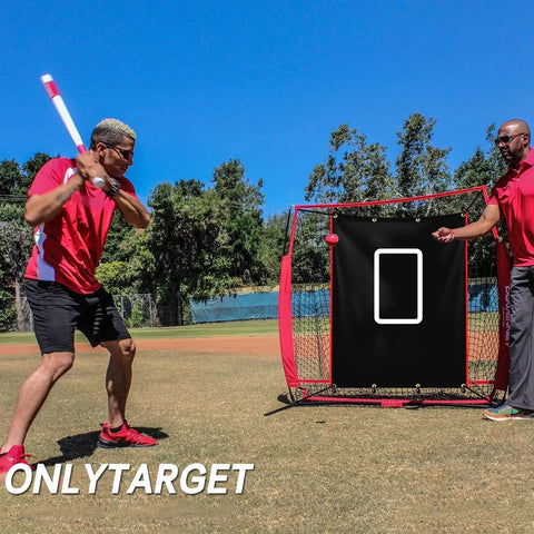 Player using 4x6 Baseball Backstop for Batting Cages and Softball Nets, Durable PVC Strike Zone Target Backdrop, Weatherproof Pitching Screen