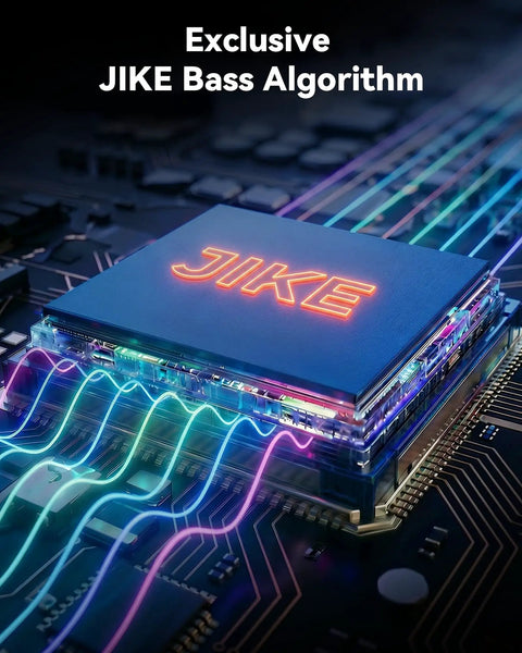 Exclusive JIKE Bass Algorithm chip with RGB light effects enhancing sound on circuit board