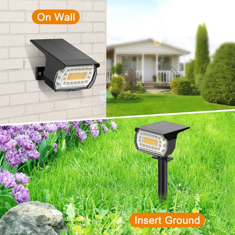 8 Pack Solar Powered Spot Lights Outdoor With 76 LED For 700 Lumens Warm White, mounted on wall and staked in ground