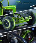 Close-up of Hardcore Electric Go Kart with 1000W Brushless Motor, 48V Battery, steel tubular frame, and 13 inch all-terrain tires.