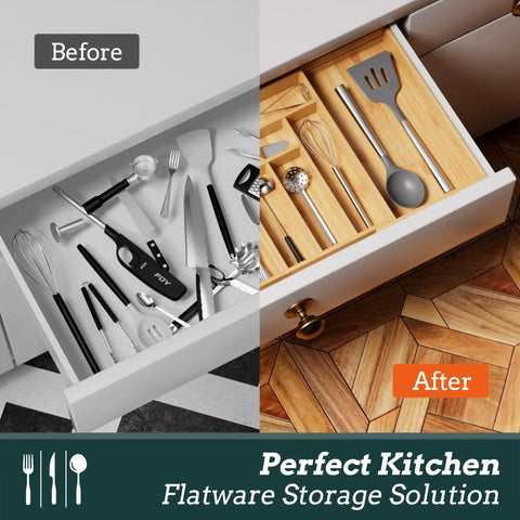 Expandable Magnetic Connected 13 Slot Silverware Drawer Organizer with Adjustable Length from 21 to 37.4 Inches Bamboo Utensil Tray