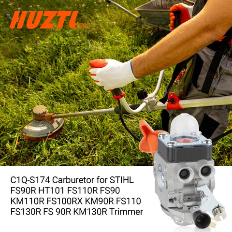 Stihl Trimmer Carburetor Kit For FS90R FS90 FS110R FS100 KM90R KM90 FS100RX FS110 KM110R HT100 HT101 C1Q S174 shown next to trimmer in use