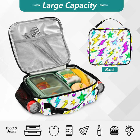 Colorful Lightning Bolt Insulated Lunch Bag With Shoulder Straps For Office School And Travel Your Go To Cooler That Keeps Meals Fresh In A Spacious Main Compartment With Two Side Mesh Pockets Durable Polyester Tote For Kids Women And Men. open insulated lunch bag with foil lining, mesh pockets, and shoulder strap