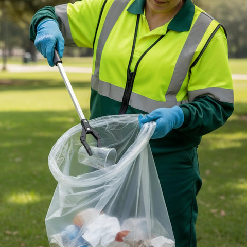 33 Gallon Clear Trash Liners, Heavy Duty High Density Garbage Bags, 33 By 40 Inches, 500 Count in use for outdoor waste collection