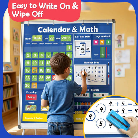 Child using Pocket Chart Classroom Calendar Set For Circle Time And Math Center with math and calendar activities displayed.