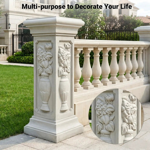 Decorative concrete column and balustrade in garden setting