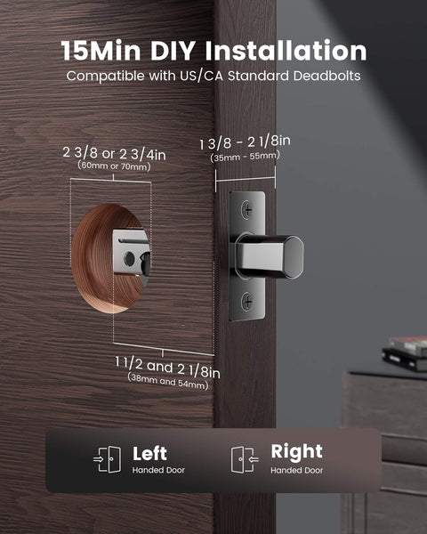 All In One Dope Smart Door Lock With Camera And Video Doorbell installed on door showing measurements for US CA standard deadbolts