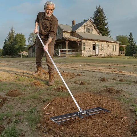 Man using a Lawn Leveling Rake With 83.9 Inch Handle And 36x10 Inch Ground Plate on a yard.