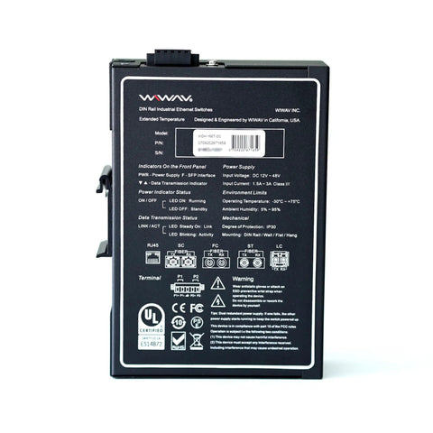 Back view of Unmanaged 16 Port Industrial Ethernet Switch For Rugged Applications, UL listed, black casing with printed specs