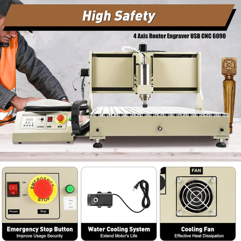4 Axis Router Engraver USB CNC 6090 2.2KW Spindle Milling Drilling Machine with safety features and remote controller
