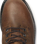 Close-up of Pit Boss 6 Inch Steel Toe Work Boot For Men With Rugged Brown Leather, Size 15W, showing laces and leather texture