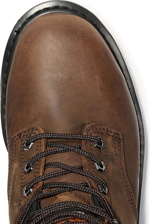 Close-up of Pit Boss 6 Inch Steel Toe Work Boot For Men With Rugged Brown Leather, Size 15W, showing laces and leather texture