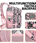Side view of Beast Of A 25L Tactical Backpack For Men And Women With MOLLE System Small Assault Pack in Pink Leopard Print with details of straps and fabric.
