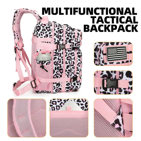 Side view of Beast Of A 25L Tactical Backpack For Men And Women With MOLLE System Small Assault Pack in Pink Leopard Print with details of straps and fabric.