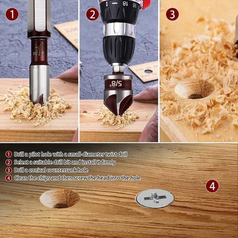 Built Tough Countersink Drill Bit Set With 82 Degree Five Flutes and Quick Change Hex Shank in action on wood project