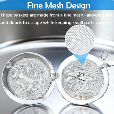 Four Pack Stainless Steel Ultrasonic Cleaner Baskets For Jewelry And Earrings Includes Two Large And Two Small Mesh Wash Baskets showcasing fine mesh design.
