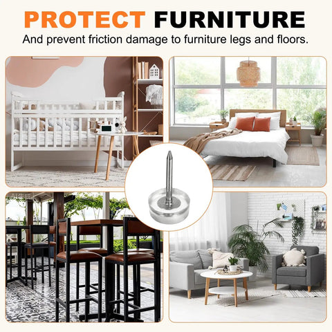 No Sweat 24 Pack Transparent Furniture Sliders With NailOn Pins For Gliding Pads On Hardwood Floors that shield furniture and floors.