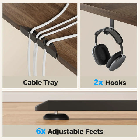 Agilestic L-Shape Standing Desk 63 Inch Electric Height Adjustable Sit Stand Corner Computer Table With Splice Board Dark Walnut cable tray, hooks, and adjustable feet.