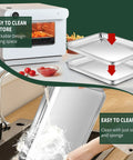 Quarter Sheet Pan With Cooling Rack Set showing stackability, easy cleaning in sink with soap, near oven with vegetables, 12 x 9.8 x 1 inch.