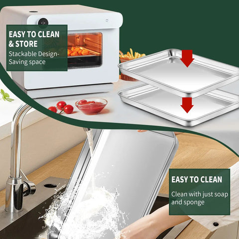 Quarter Sheet Pan With Cooling Rack Set showing stackability, easy cleaning in sink with soap, near oven with vegetables, 12 x 9.8 x 1 inch.