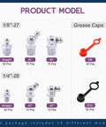 SAE Hydraulic Grease Fittings Kit With Plastic Caps, 181-Piece Zerk Fitting Assortment display of models and cap sizes