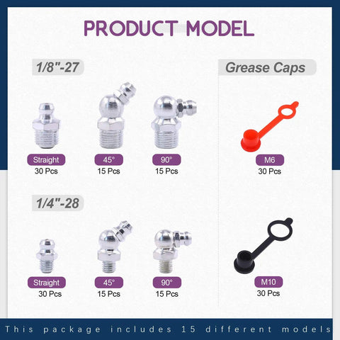 SAE Hydraulic Grease Fittings Kit With Plastic Caps, 181-Piece Zerk Fitting Assortment display of models and cap sizes