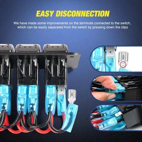 Four Gang Rocker Switch Panel Waterproof Aluminum Pre Wired With Plug And Play Dual USB Ports And Cigarette Lighter Socket Voltmeter 12V 24V DC ON OFF Switch Panel For Cars RVs Trucks Easy DIY Power Control showing easy disconnection terminals.